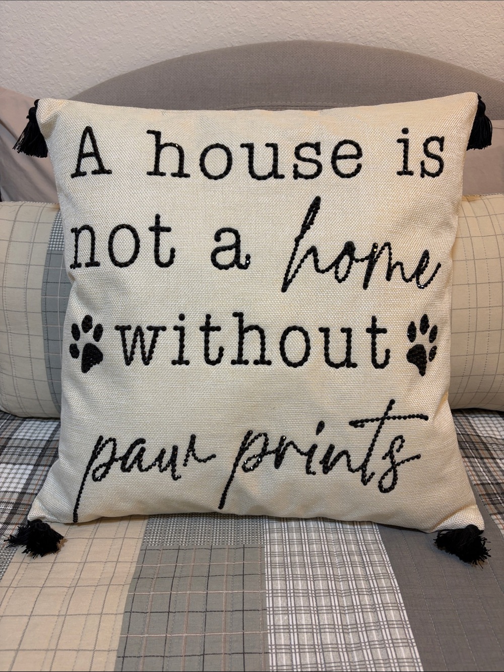 Accent Pillow - "A house is not a home without paw prints" - Cream & Black
